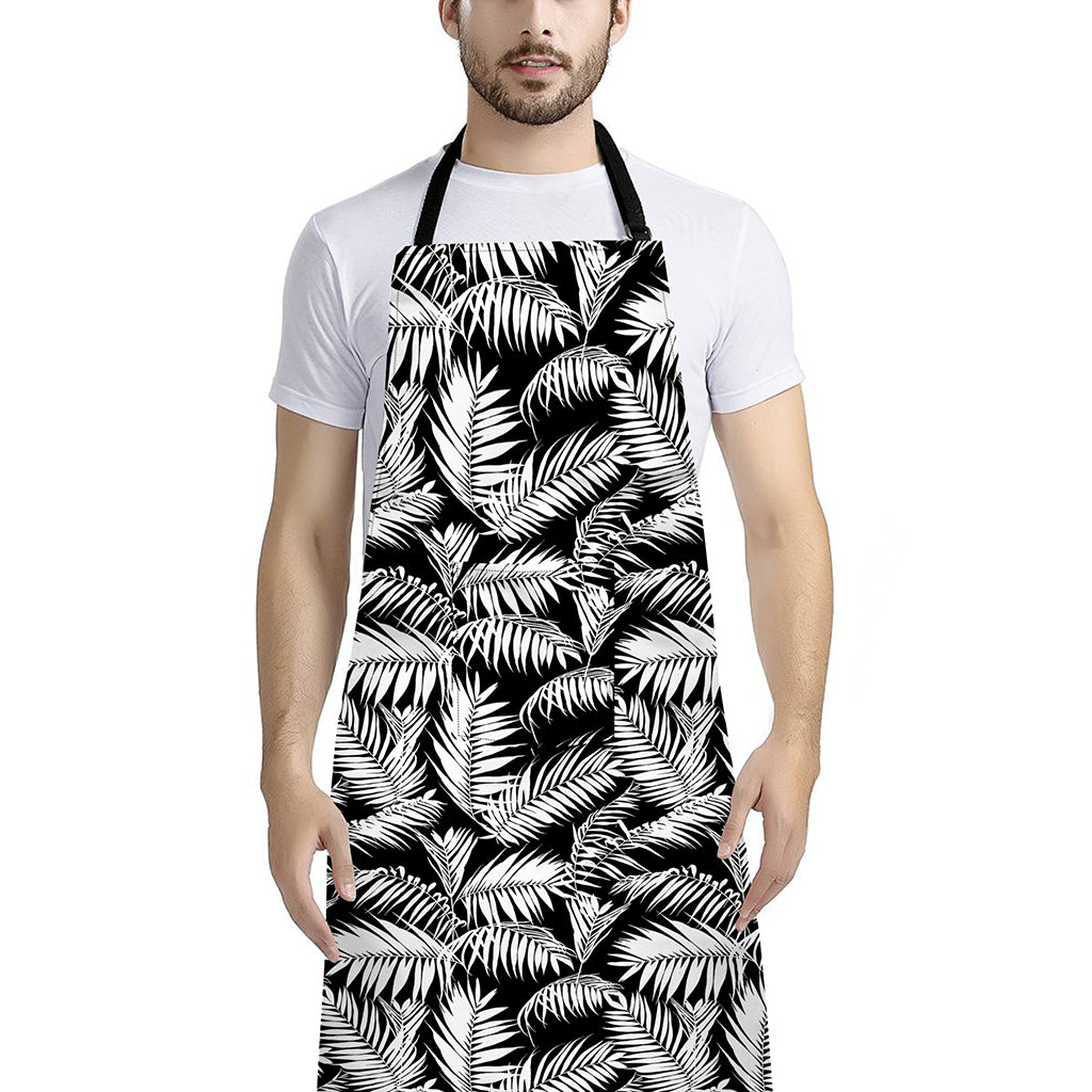 Black And White Palm Leaves Print Bib Apron With Pocket