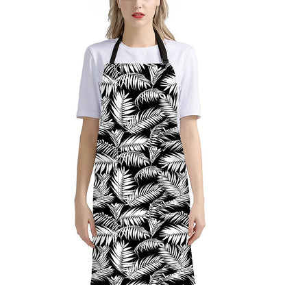 Black And White Palm Leaves Print Bib Apron With Pocket