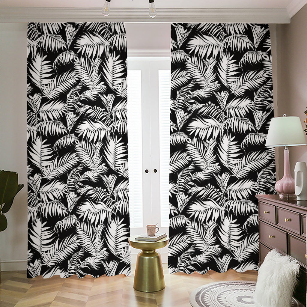 Black And White Palm Leaves Print Blackout Pencil Pleat Curtains