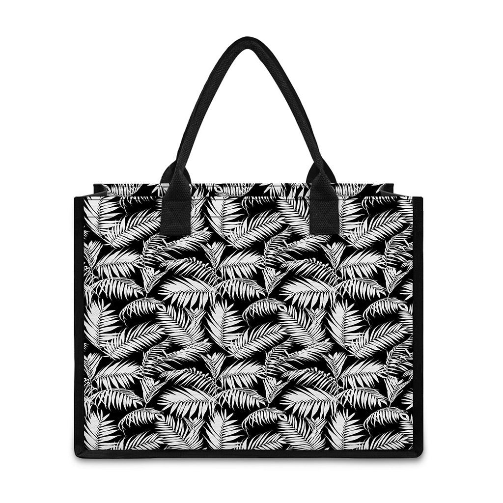 Black And White Palm Leaves Print Canvas Tote Bag