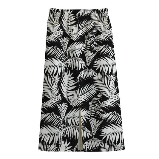 Black And White Palm Leaves Print Cotton Front Slit Maxi Skirt