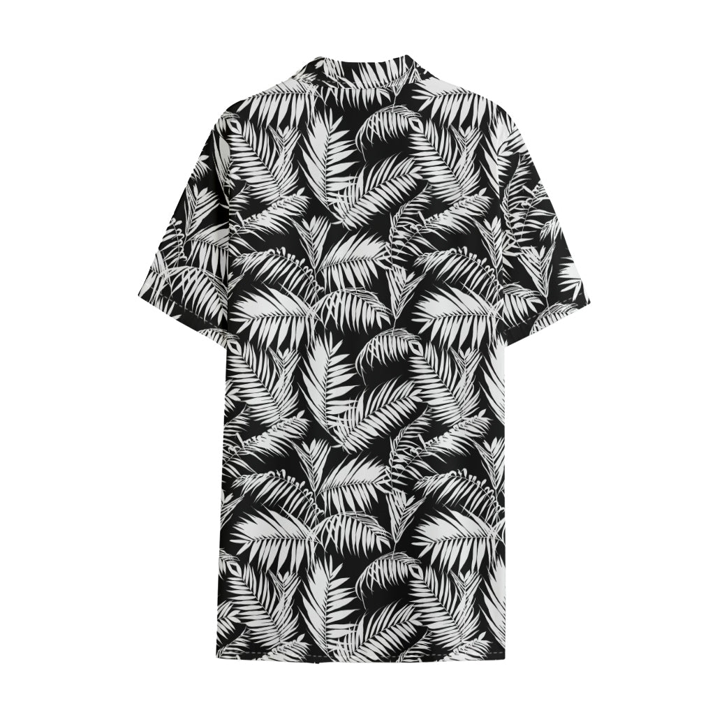 Black And White Palm Leaves Print Cotton Hawaiian Shirt