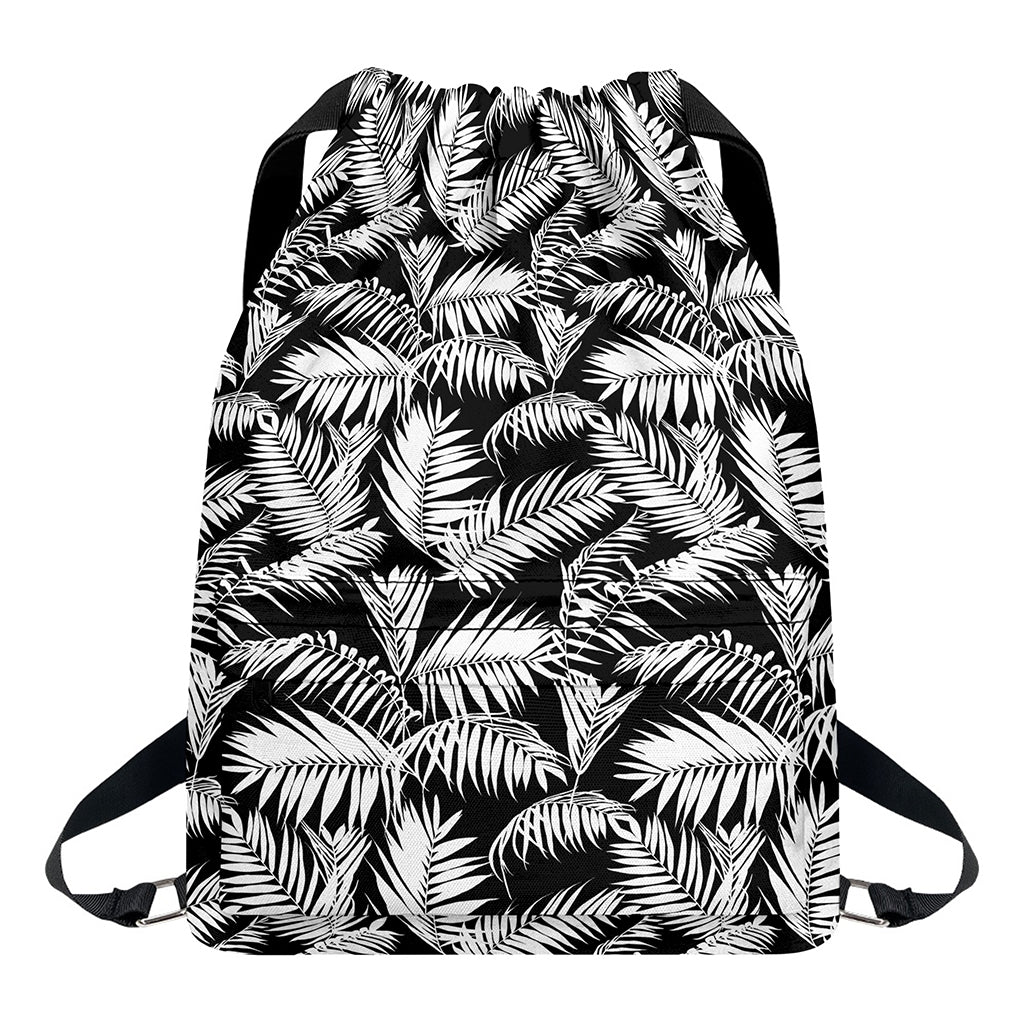 Black And White Palm Leaves Print Drawstring Backpack