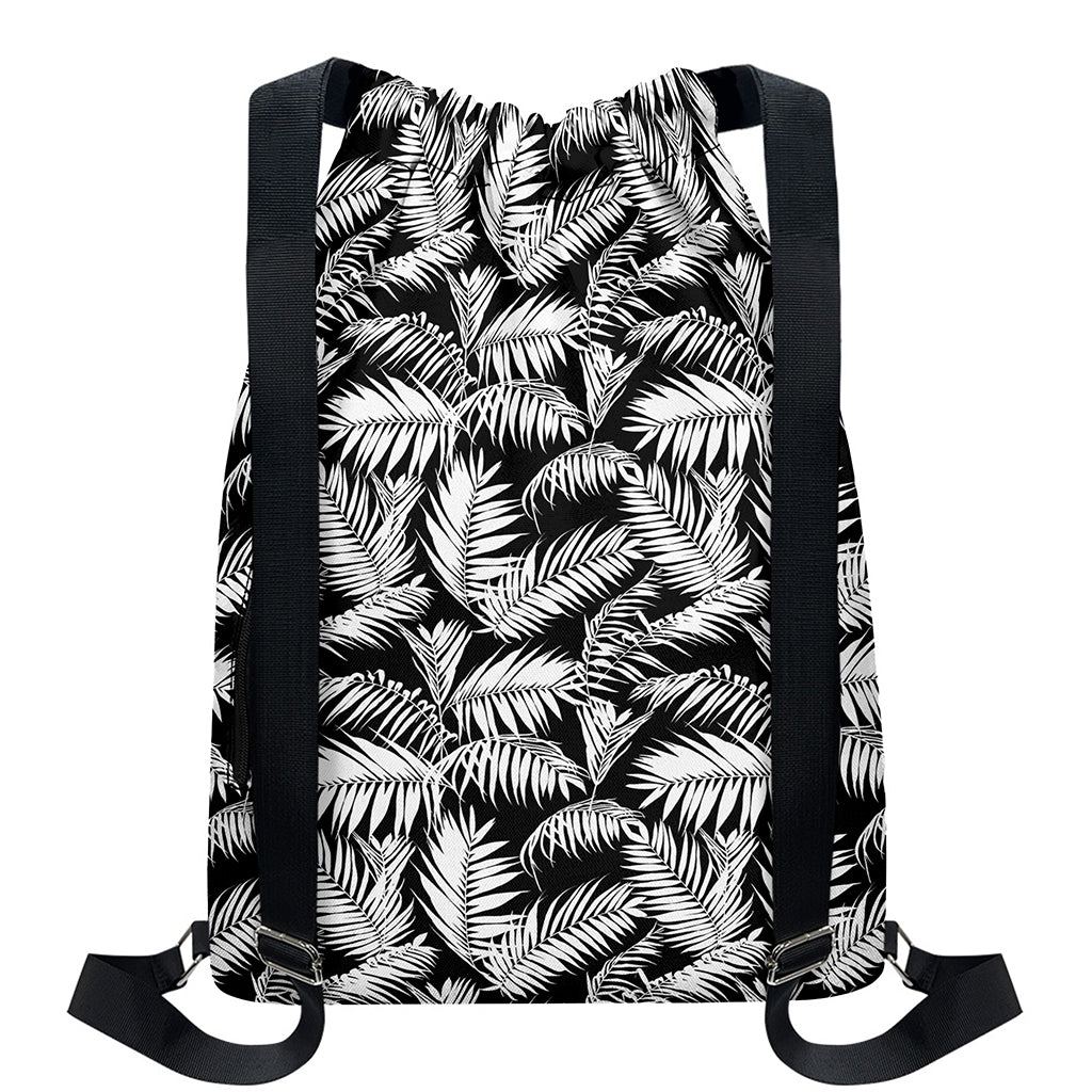 Black And White Palm Leaves Print Drawstring Backpack