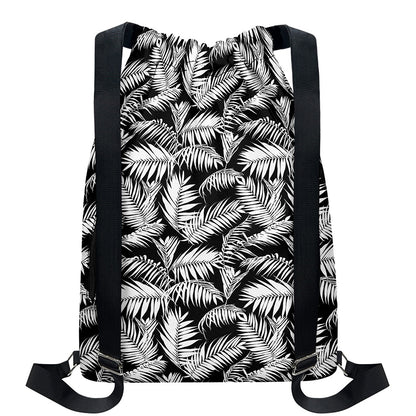 Black And White Palm Leaves Print Drawstring Backpack