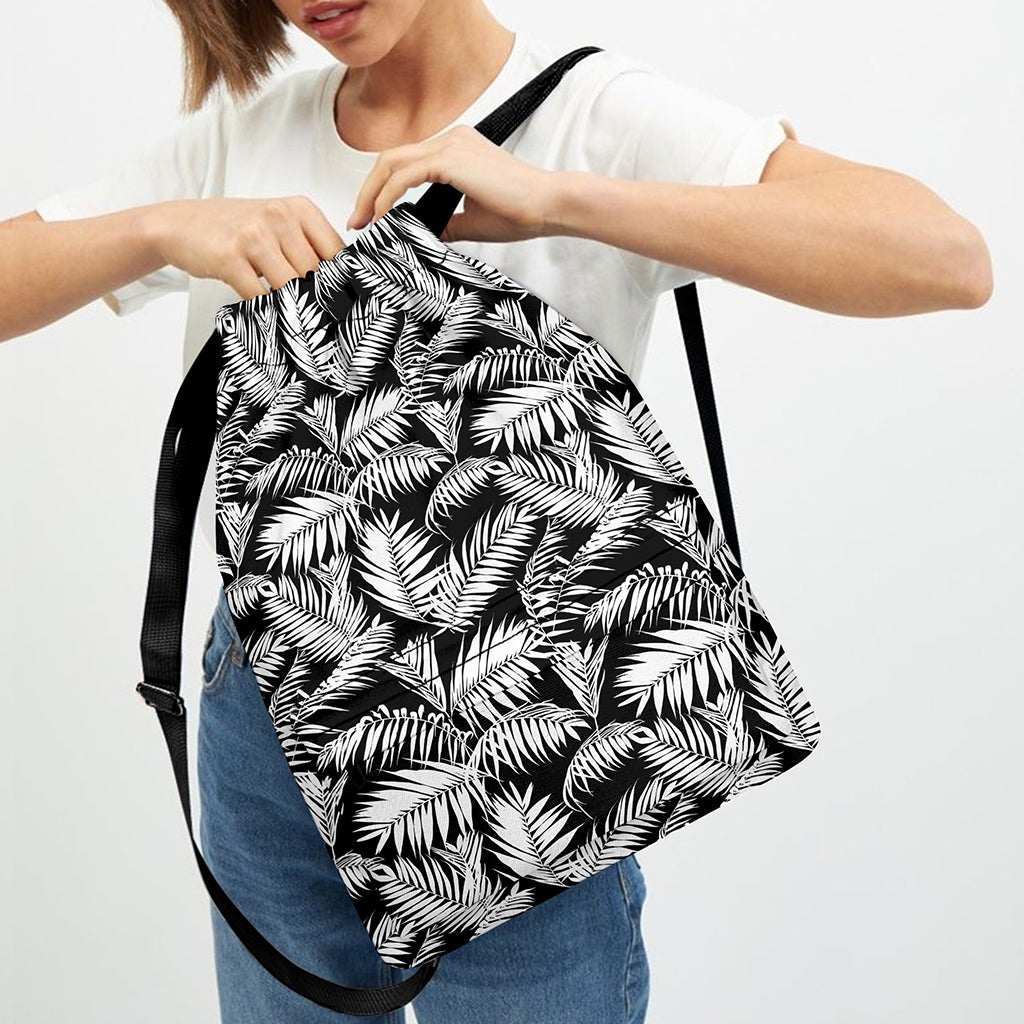 Black And White Palm Leaves Print Drawstring Backpack