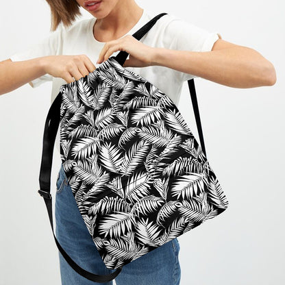 Black And White Palm Leaves Print Drawstring Backpack