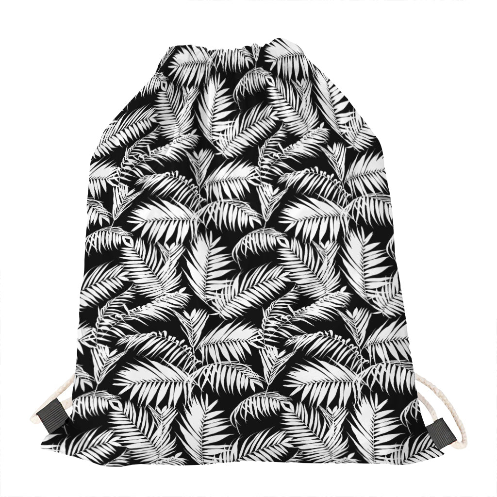 Black And White Palm Leaves Print Drawstring Bag