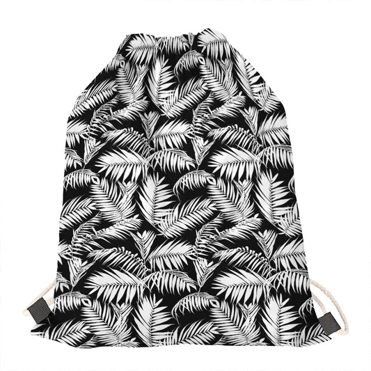 Black And White Palm Leaves Print Drawstring Bag