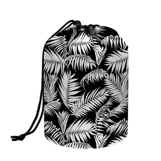 Black And White Palm Leaves Print Drawstring Makeup Bag