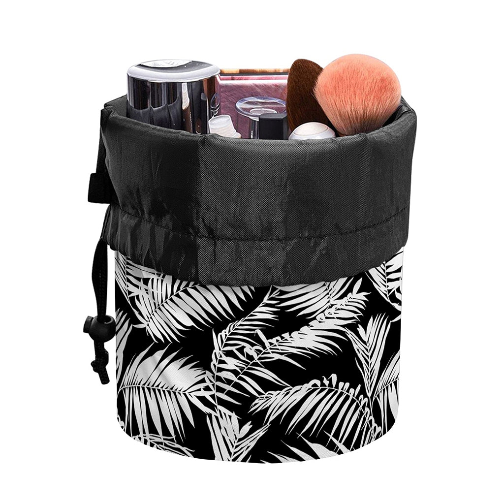 Black And White Palm Leaves Print Drawstring Makeup Bag