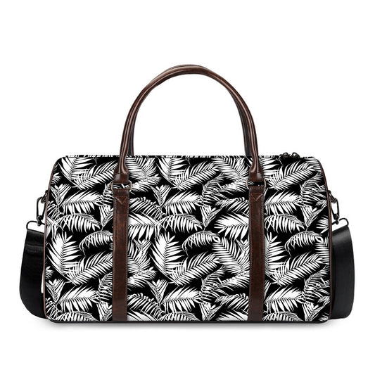 Black And White Palm Leaves Print Duffle Bag