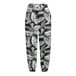 Black And White Palm Leaves Print Fleece Lined Knit Pants