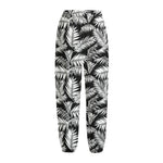 Black And White Palm Leaves Print Fleece Lined Knit Pants