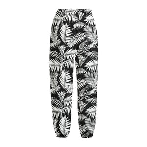 Black And White Palm Leaves Print Fleece Lined Knit Pants