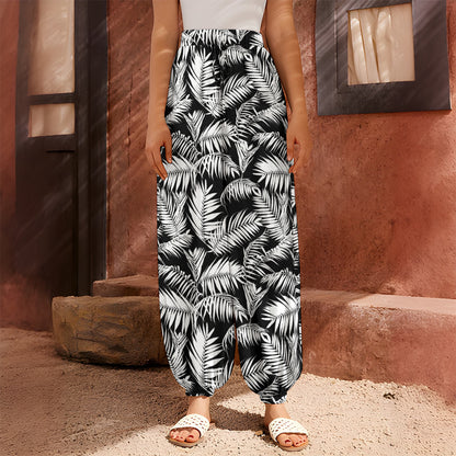 Black And White Palm Leaves Print Harem Pants