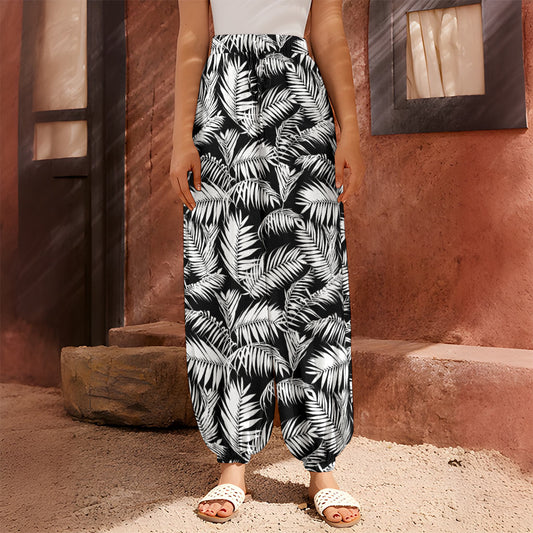 Black And White Palm Leaves Print Harem Pants