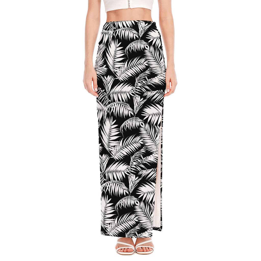 Black And White Palm Leaves Print High Slit Maxi Skirt