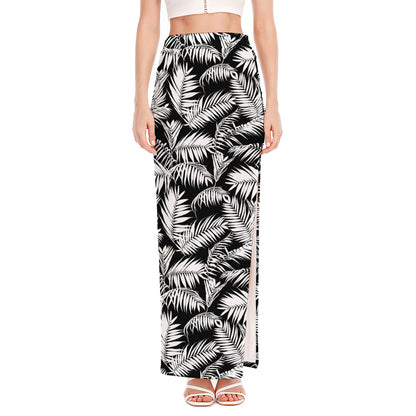 Black And White Palm Leaves Print High Slit Maxi Skirt
