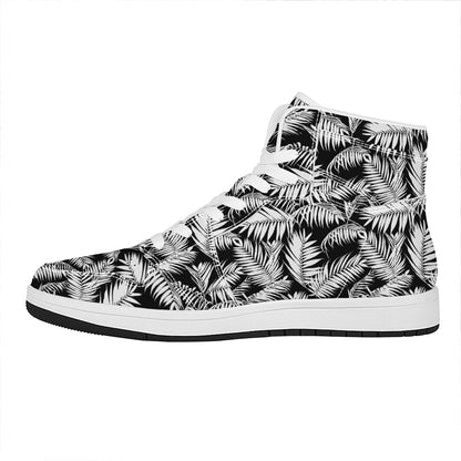 Black And White Palm Leaves Print High Top Leather Sneakers