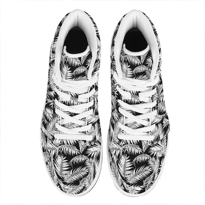 Black And White Palm Leaves Print High Top Leather Sneakers