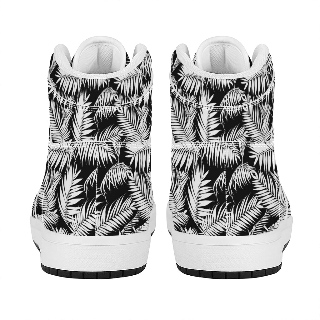 Black And White Palm Leaves Print High Top Leather Sneakers