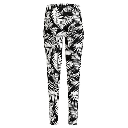 Black And White Palm Leaves Print High-Waisted Pocket Leggings