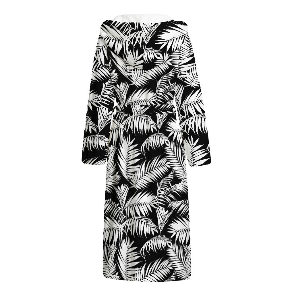 Black And White Palm Leaves Print Hooded Bathrobe
