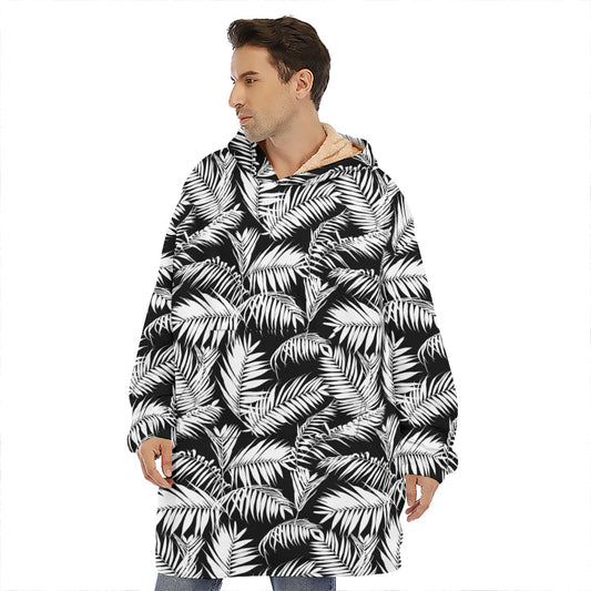 Black And White Palm Leaves Print Hoodie Blanket