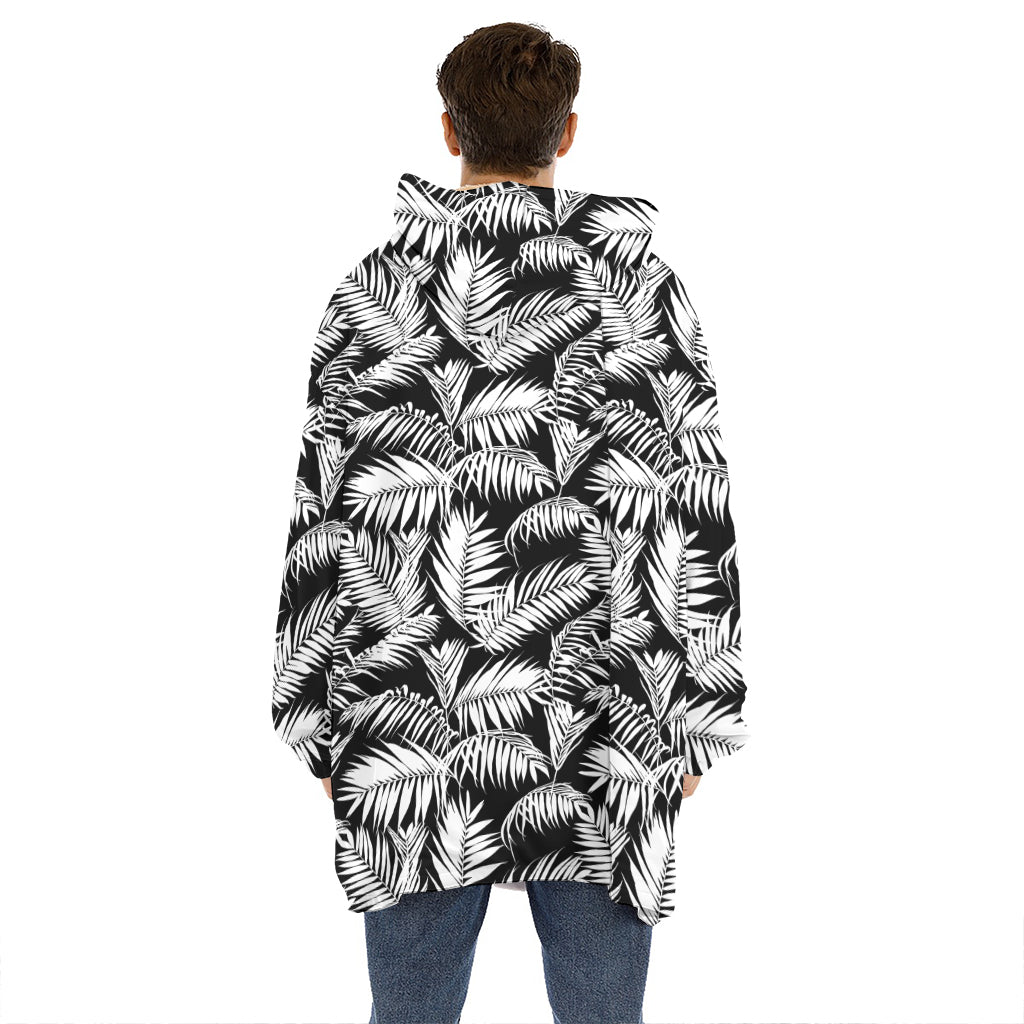 Black And White Palm Leaves Print Hoodie Blanket