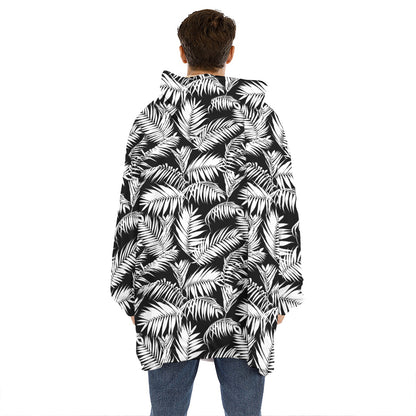 Black And White Palm Leaves Print Hoodie Blanket