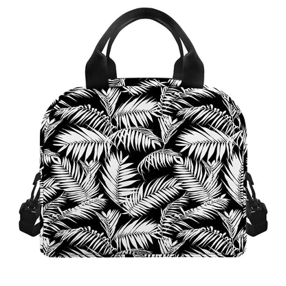 Black And White Palm Leaves Print Insulated Lunch Bag