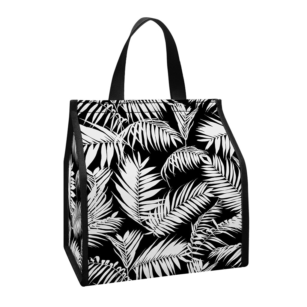 Black And White Palm Leaves Print Insulated Lunch Tote