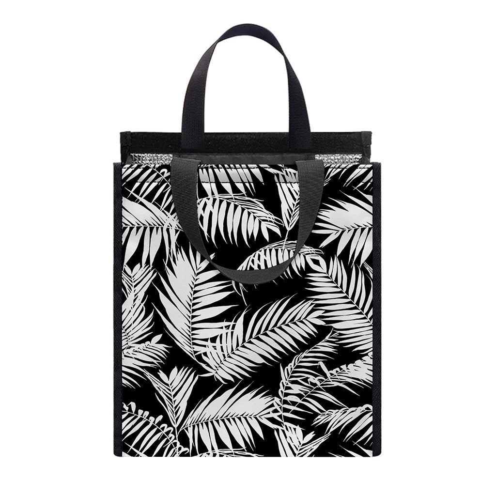 Black And White Palm Leaves Print Insulated Lunch Tote