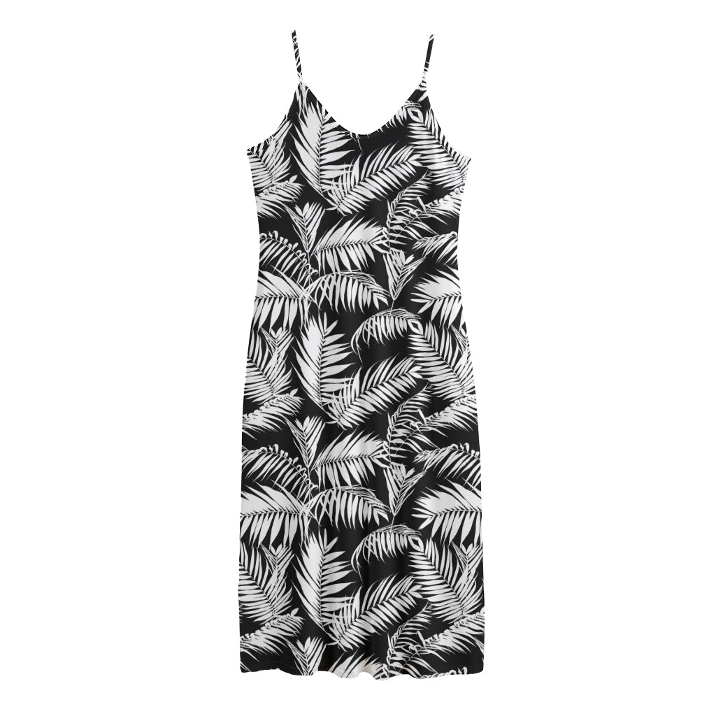 Black And White Palm Leaves Print Jersey Midi Cami Dress
