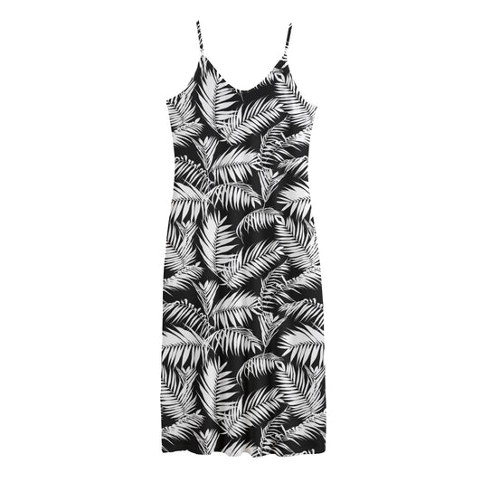 Black And White Palm Leaves Print Jersey Midi Cami Dress
