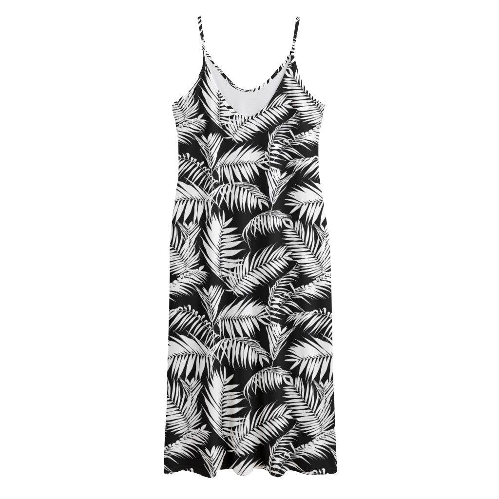 Black And White Palm Leaves Print Jersey Midi Cami Dress