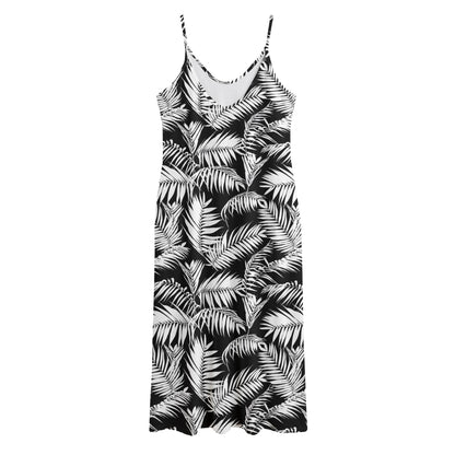 Black And White Palm Leaves Print Jersey Midi Cami Dress