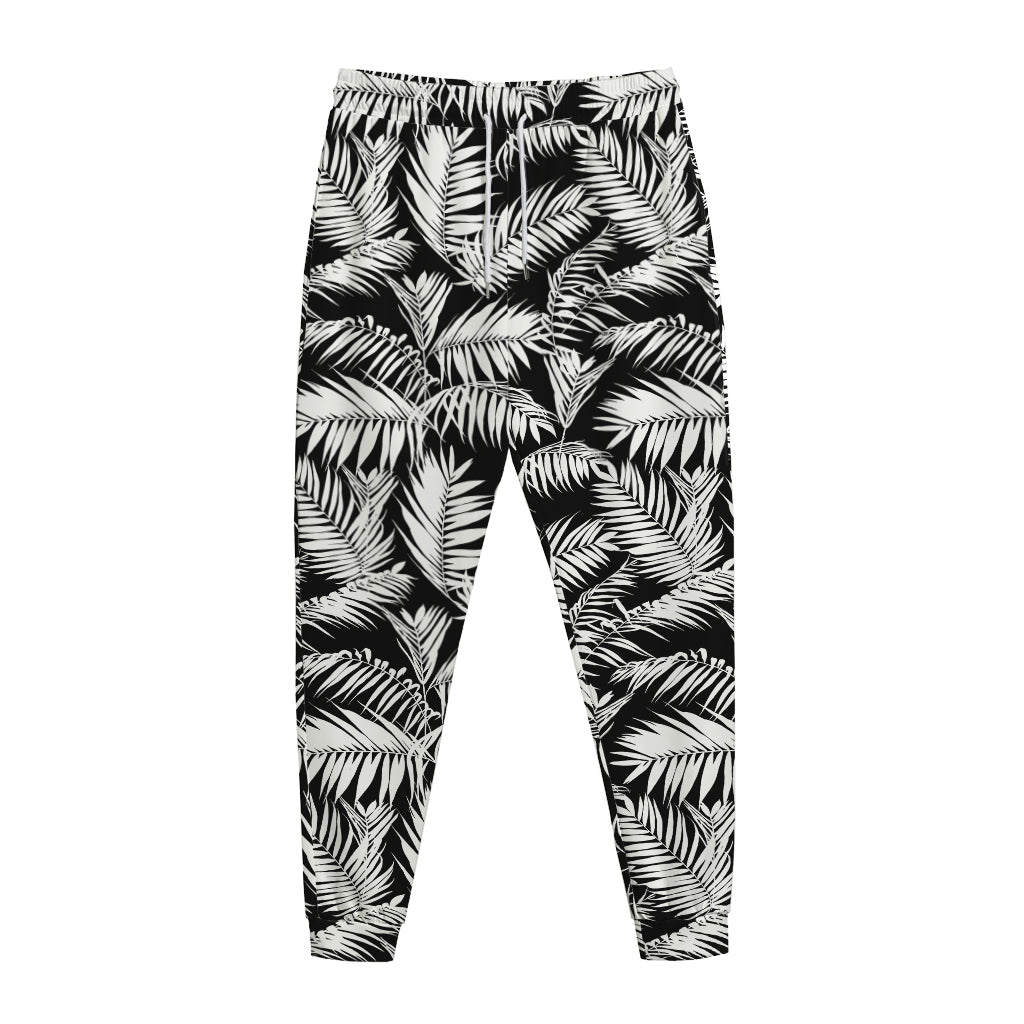 Black And White Palm Leaves Print Jogger Pants