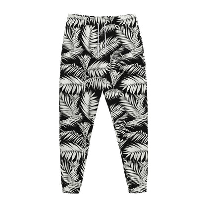 Black And White Palm Leaves Print Jogger Pants