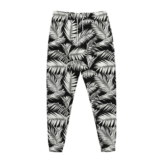 Black And White Palm Leaves Print Jogger Pants