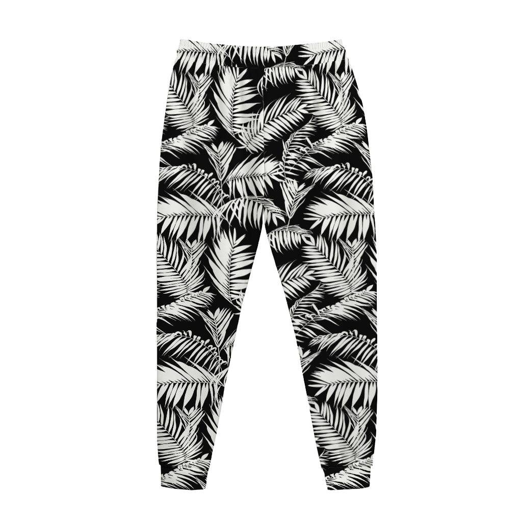 Black And White Palm Leaves Print Jogger Pants