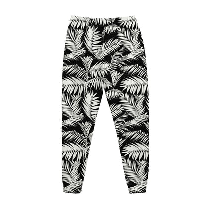 Black And White Palm Leaves Print Jogger Pants