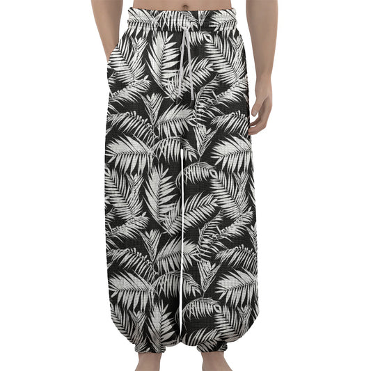 Black And White Palm Leaves Print Lantern Pants