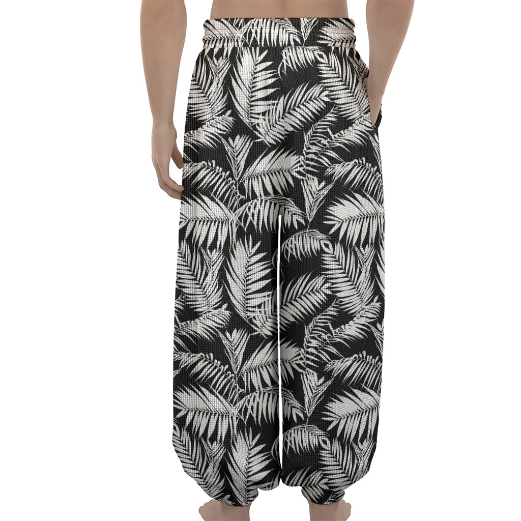 Black And White Palm Leaves Print Lantern Pants