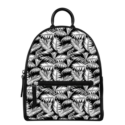 Black And White Palm Leaves Print Leather Backpack