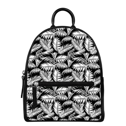 Black And White Palm Leaves Print Leather Backpack