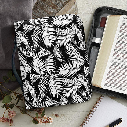 Black And White Palm Leaves Print Leather Bible Cover