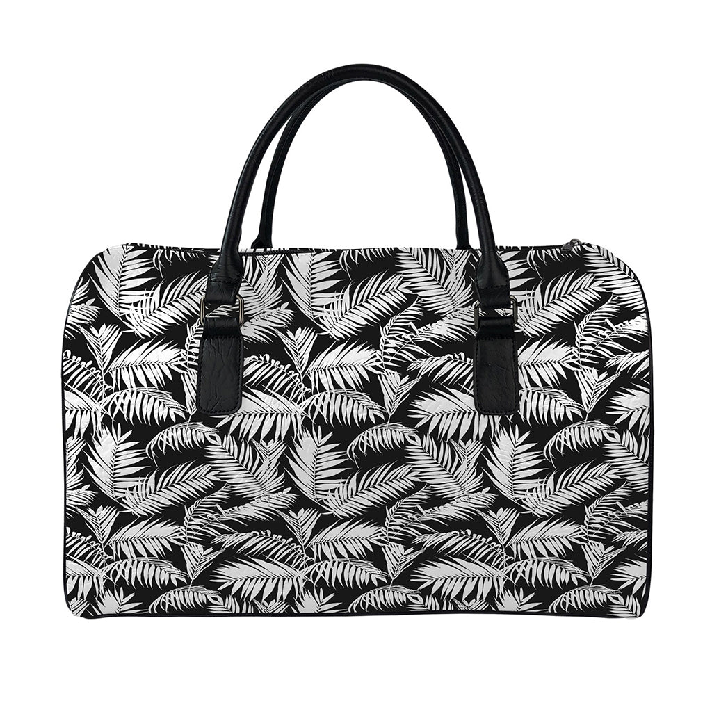 Black And White Palm Leaves Print Leather Duffle Bag
