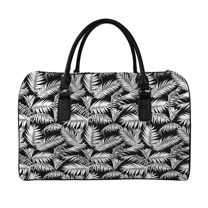 Black And White Palm Leaves Print Leather Duffle Bag